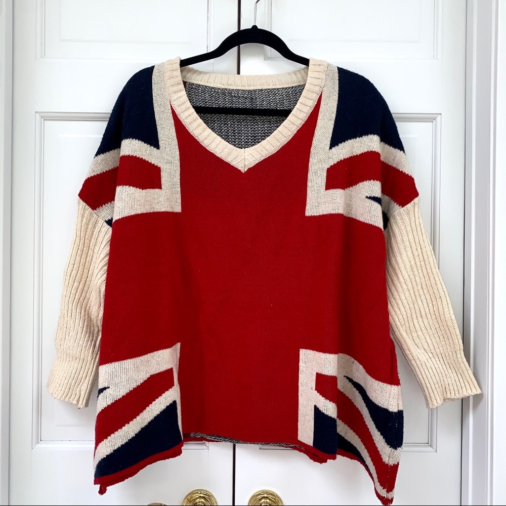 Chunky V-Neck British Flag Sweater